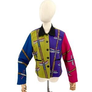 Vintage 90s Tunique Purple Green Dragonfly Beaded Cotton Colorblock Jacket